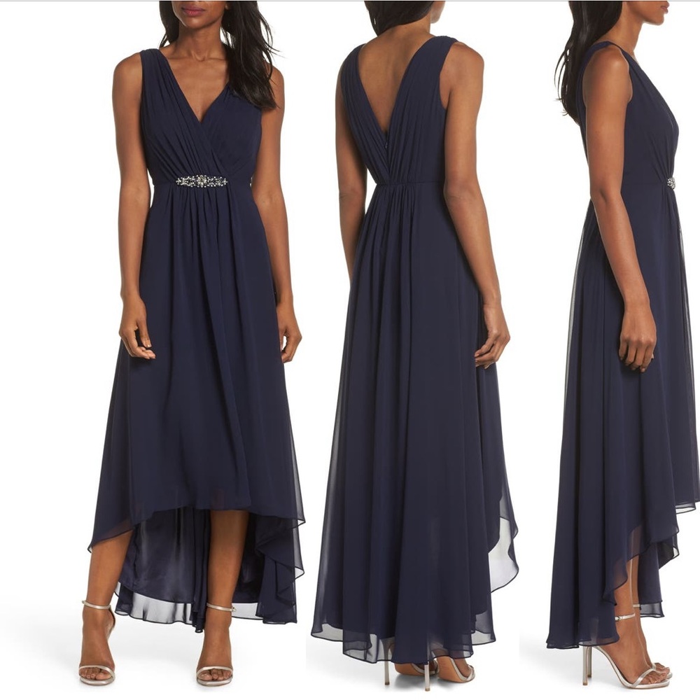 New Eliza J Navy Embellished Chiffon High Low Gown